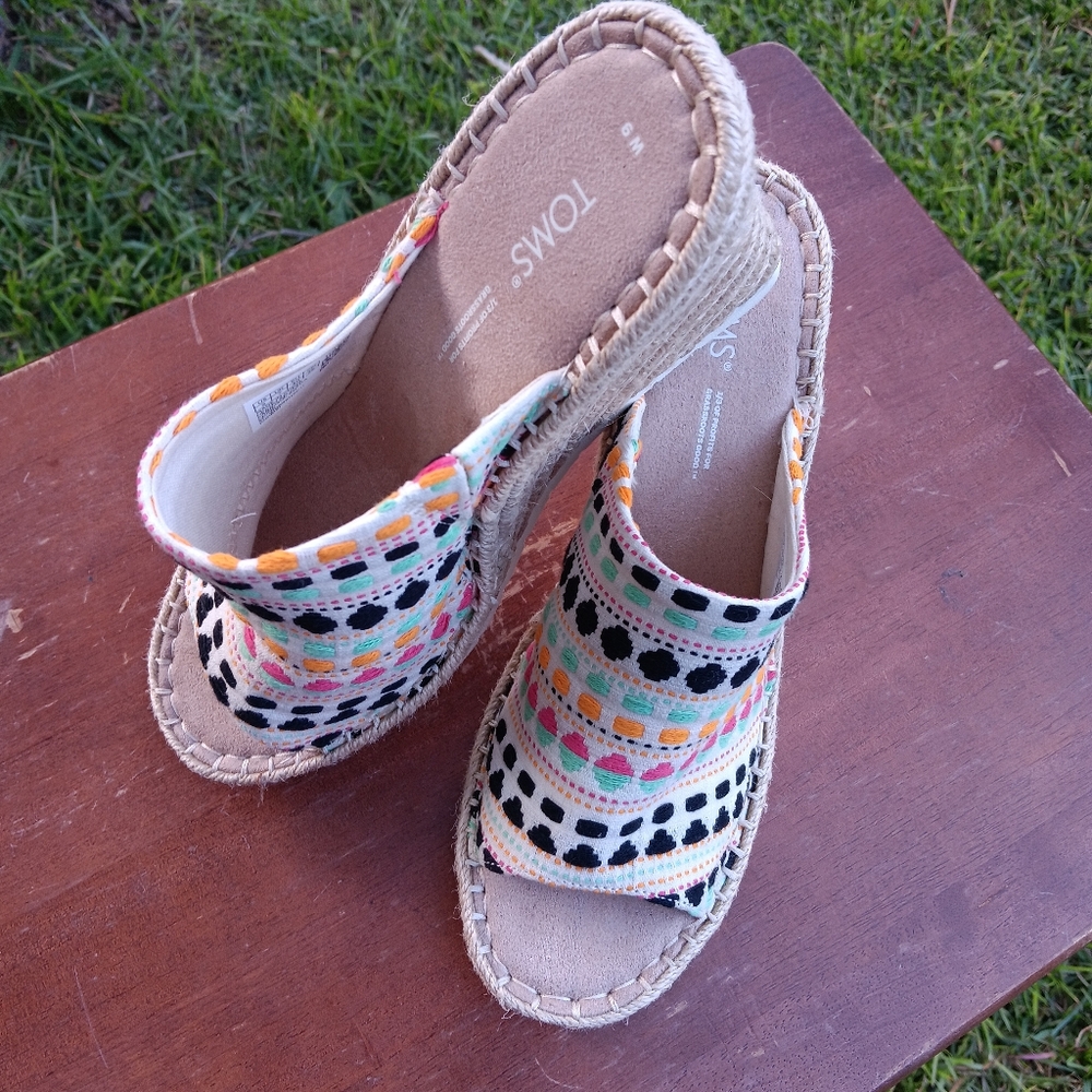 TOMS Natural Global Woven Monica Mule Wedge Heel 9
